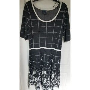 Gabby Skye Charcoal Grey Fit & Flare Sweater Dress Size XL Checkered and Floral